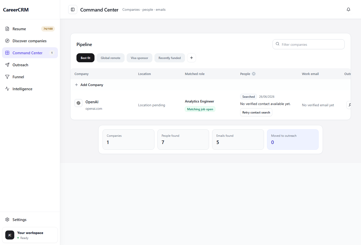 CareerCRM Pipeline interface