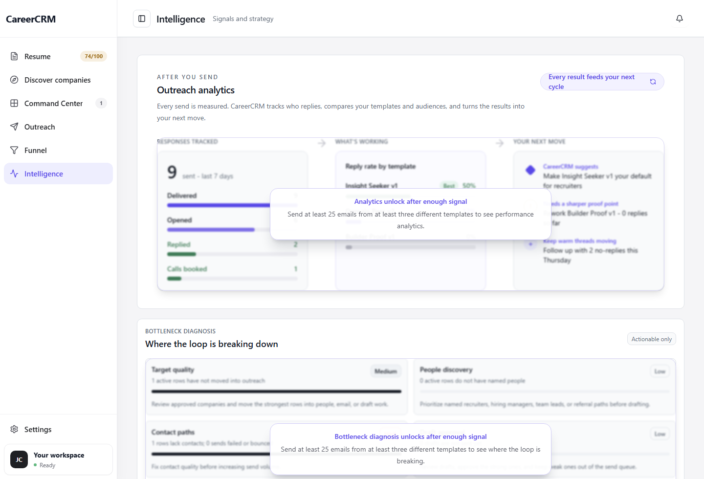 CareerCRM Intelligence showing contact discovery