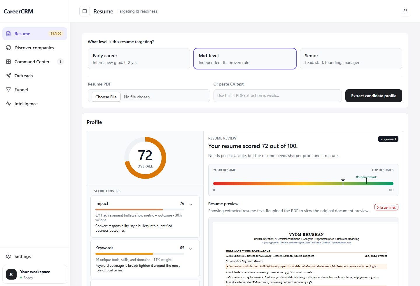 CareerCRM Resume tailoring interface